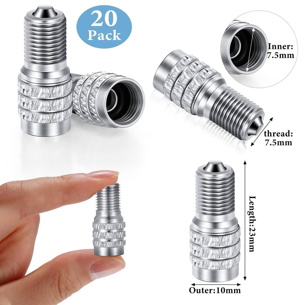 Inflate-through tire valve stem caps, silver metal, double seal, 20-pack