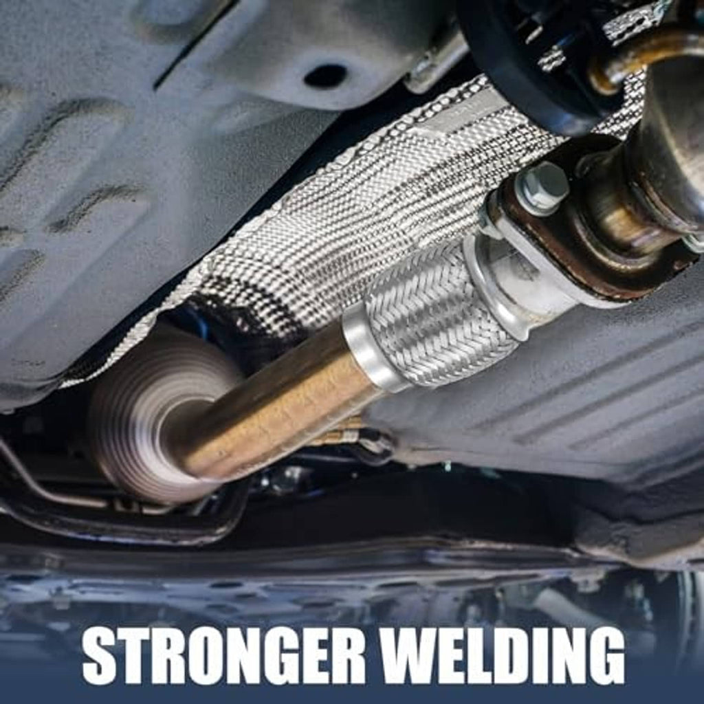 Stainless steel braided exhaust pipe section with visible weld joint