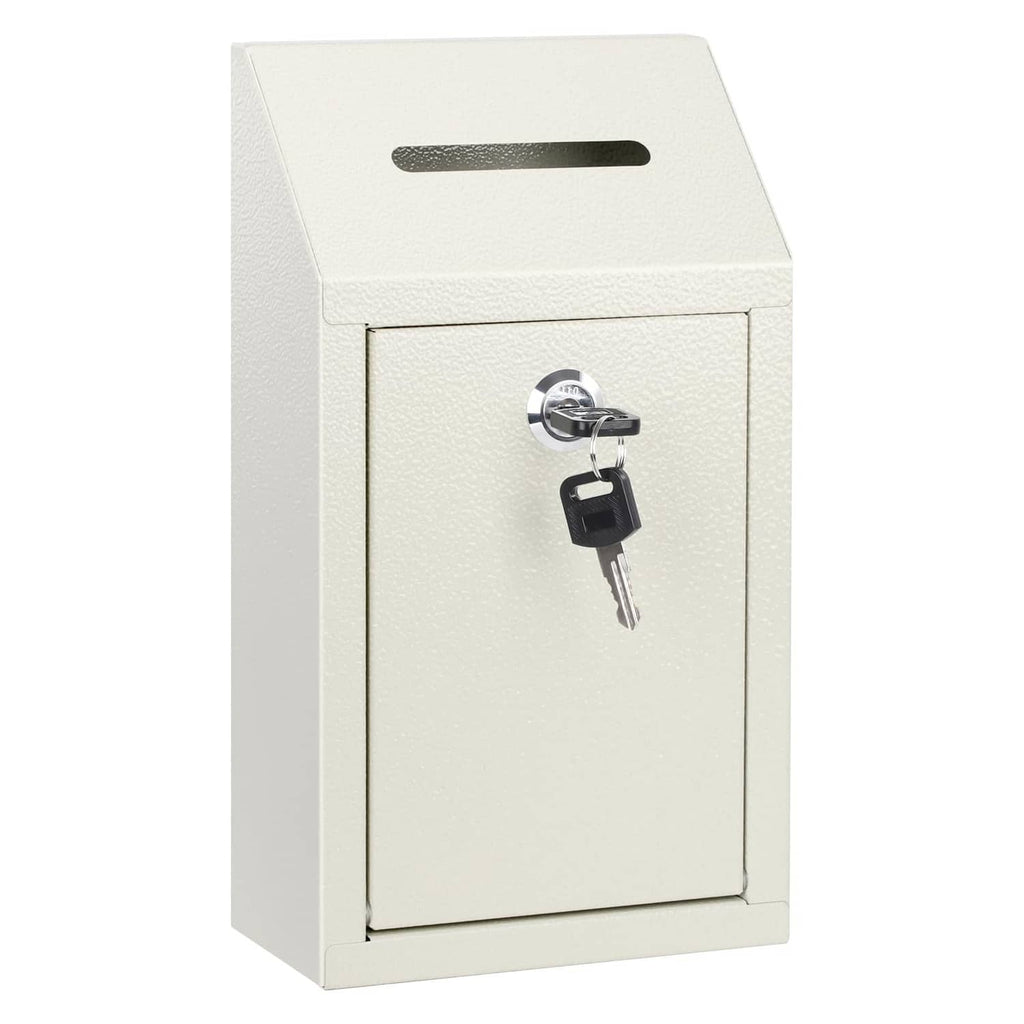 White metal cash drop box with front lock and key slot, wall-mount style