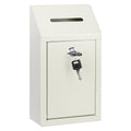 White metal cash drop box with front lock and key slot, wall-mount style