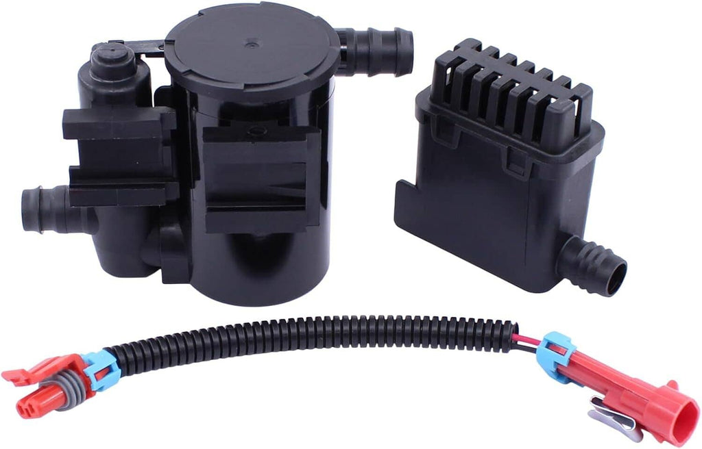 Vapor canister vent solenoid valve with black plastic housing and two blue/red wire connectors