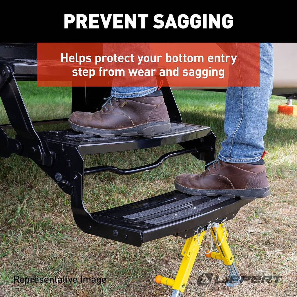 RV step with black platform and yellow anti-sag stabilizer legs