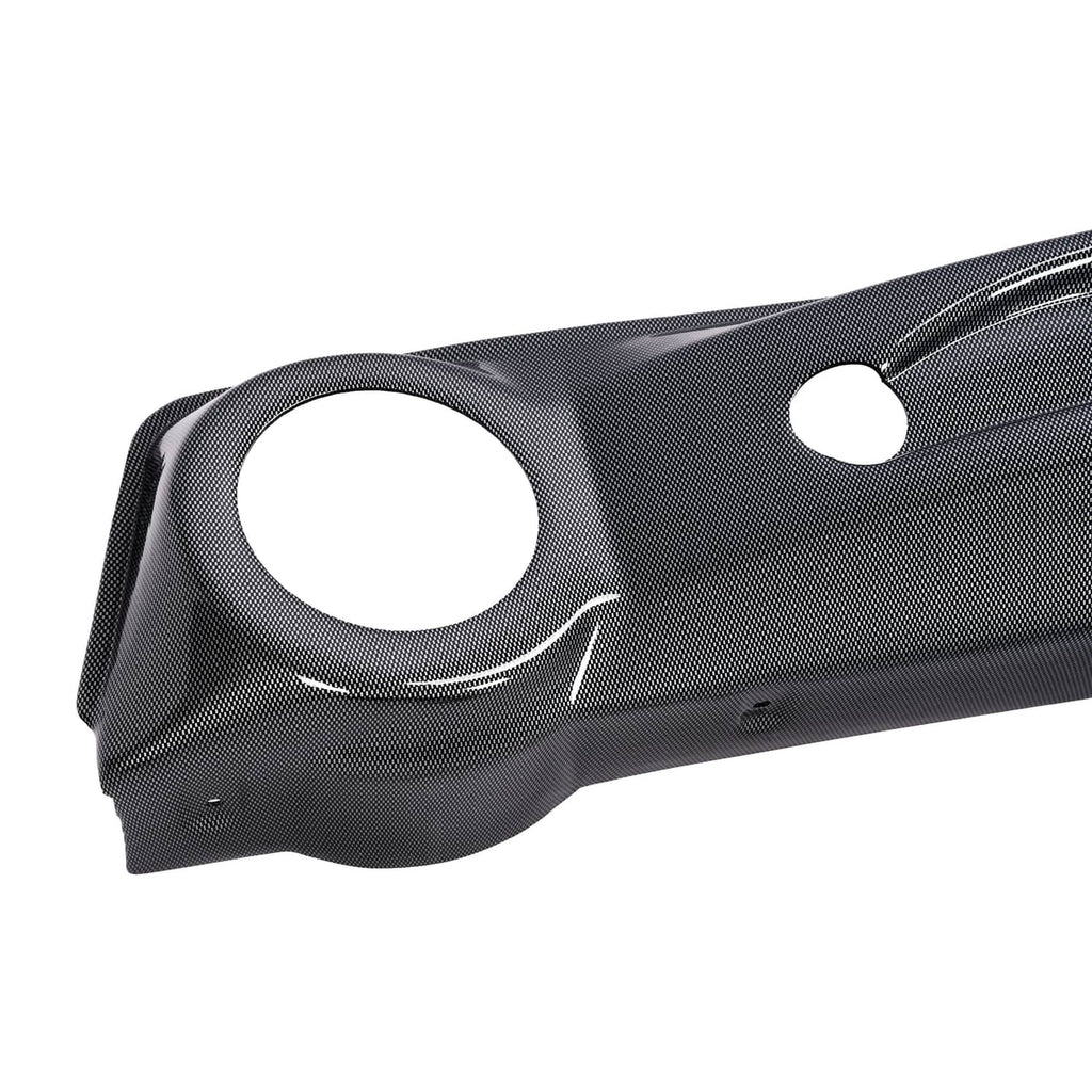Golf cart dashboard cover corner detail, carbon fiber style black with large round opening