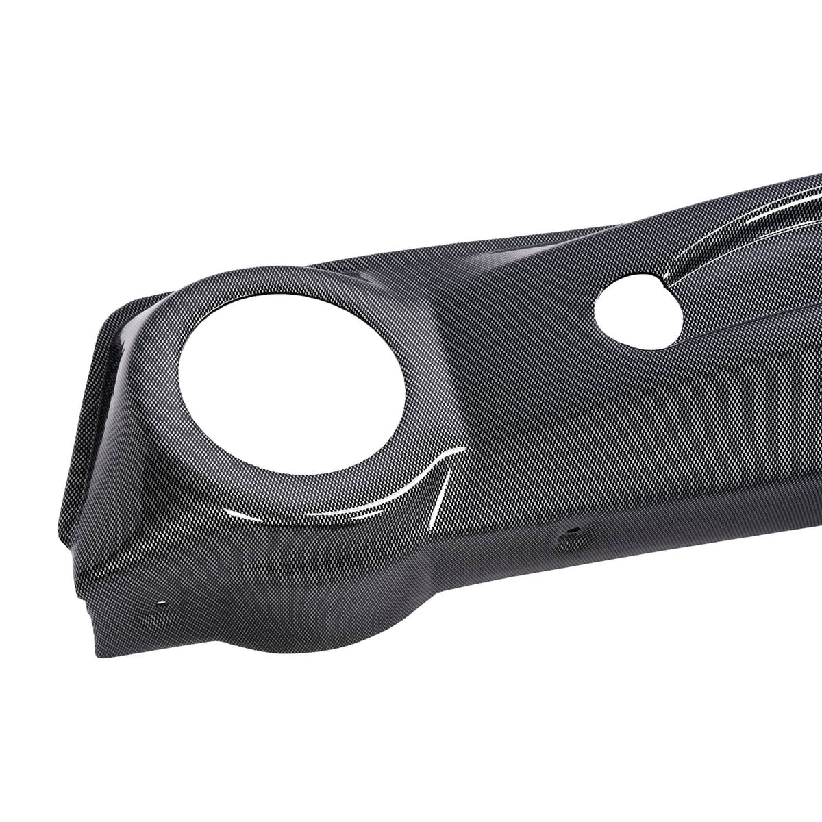 Golf cart dashboard cover corner detail, carbon fiber style black with large round opening