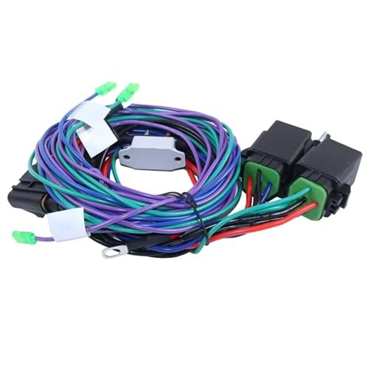 Wiring cable harness kit with multicolor wiring, green connector ends, black connectors, white sensor block
