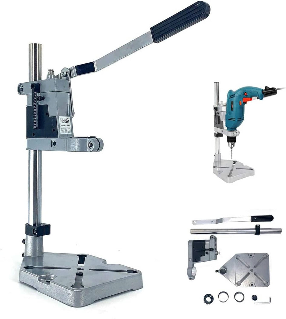 Adjustable drill press stand kit with guide plate, clamp arm, and base