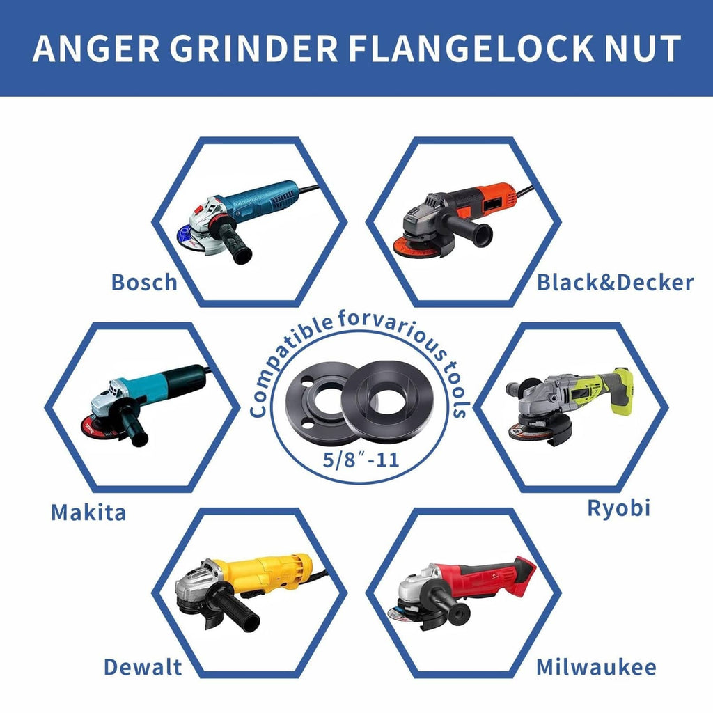Angle grinder flange lock nut kit with black 5/8-11 lock rings and wrench tool