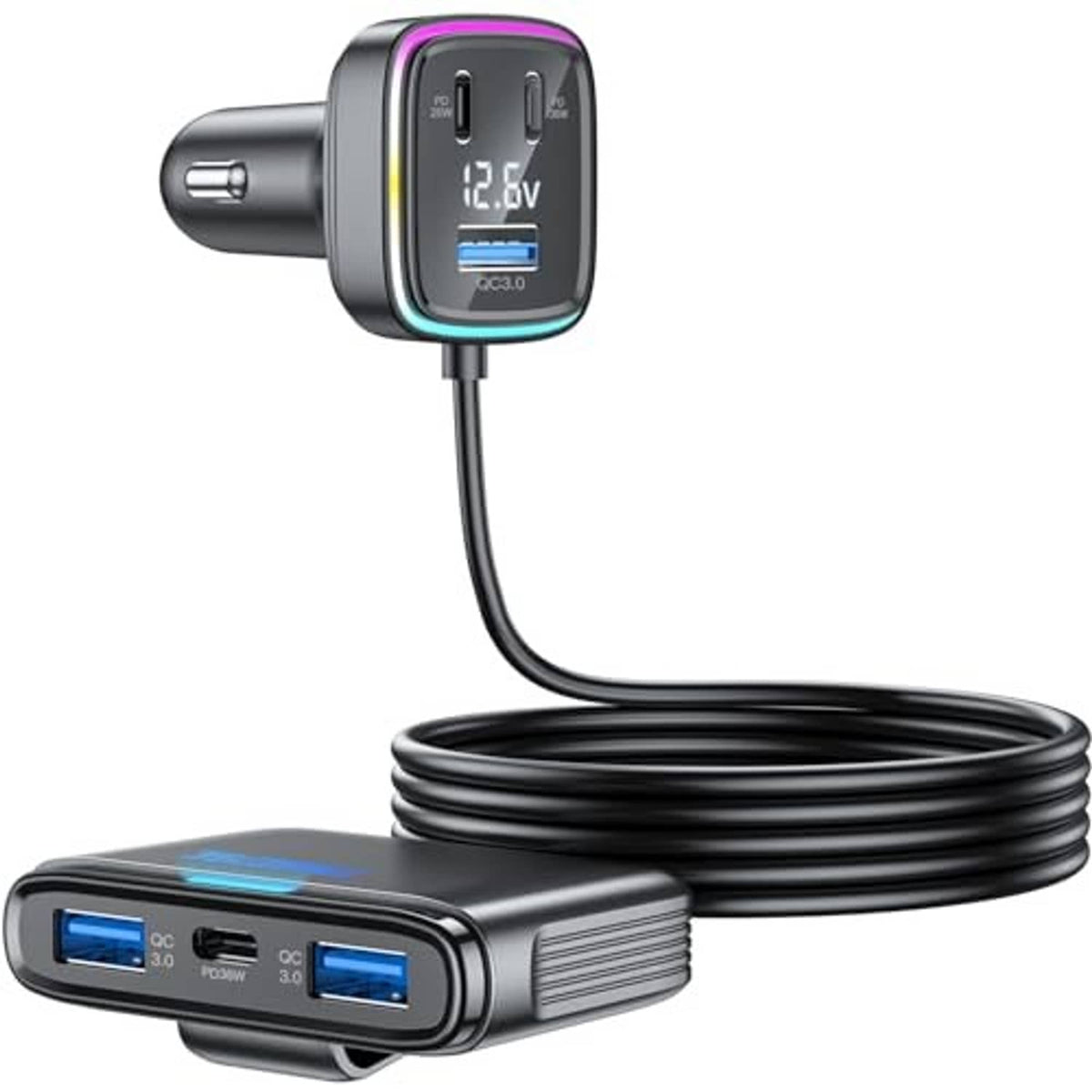 Car USB-C charger with LED voltage display, showing front USB ports and attached cable.
