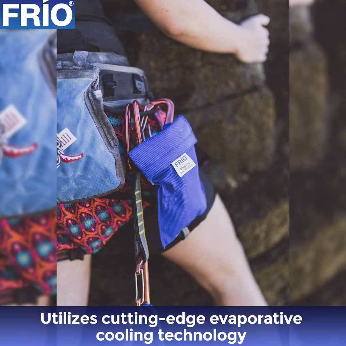Blue FRIO cooling wallet attached to a bag with a strap