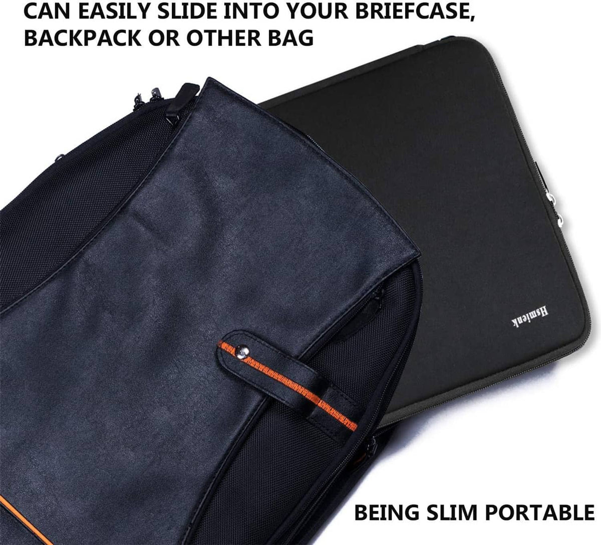 Black laptop sleeve alongside a bag, slim design and zipper closure.