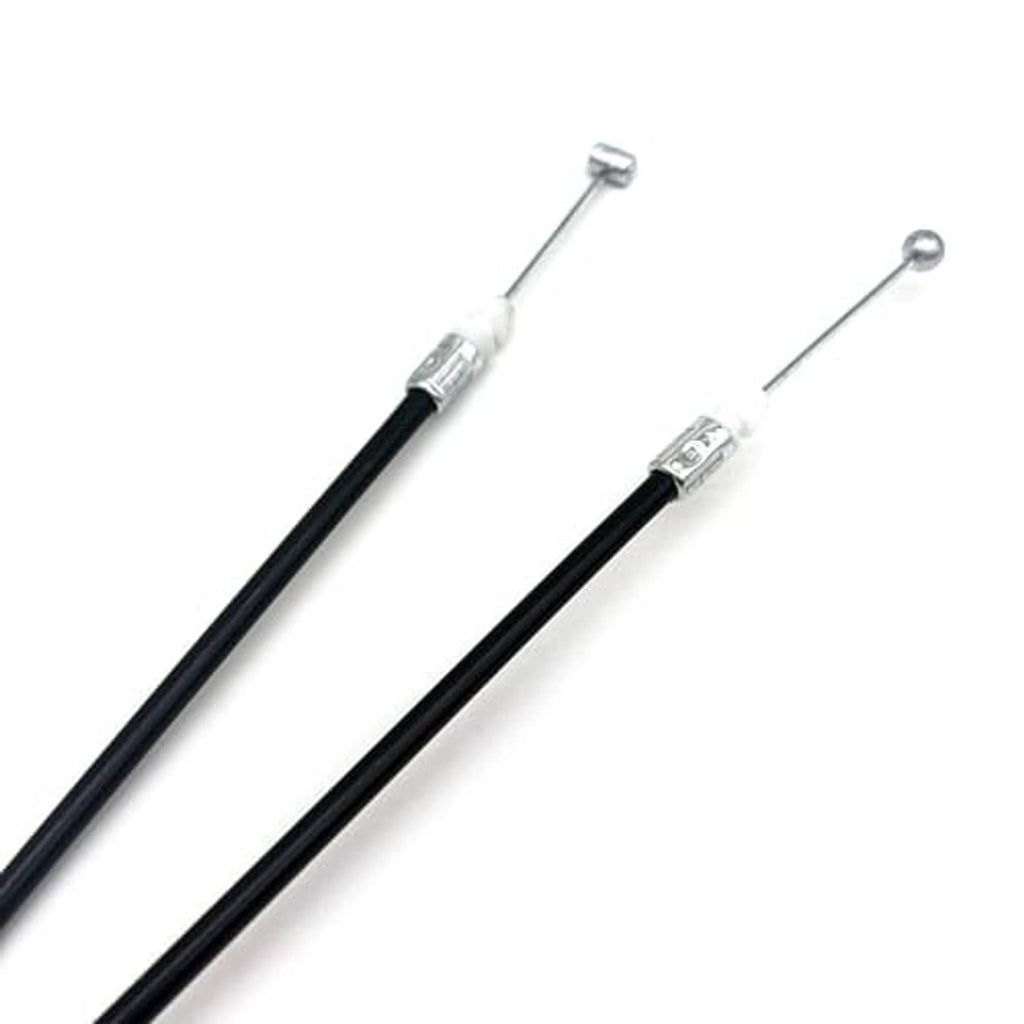 Close-up of black hood release cables with silver metal ends and adjustment pieces