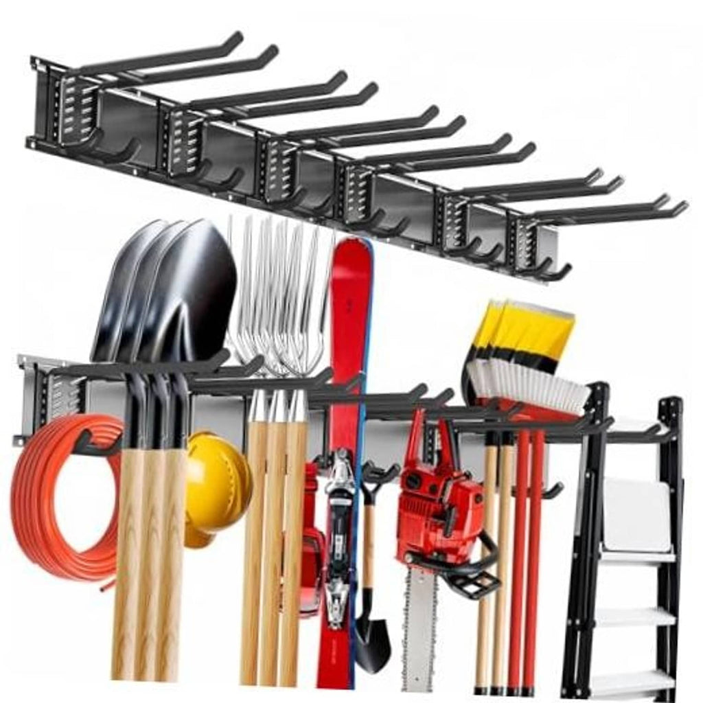 Wall-mount tool organizer rack with multiple double hooks for hanging long-handled tools