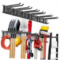 Wall-mount tool organizer rack with multiple double hooks for hanging long-handled tools