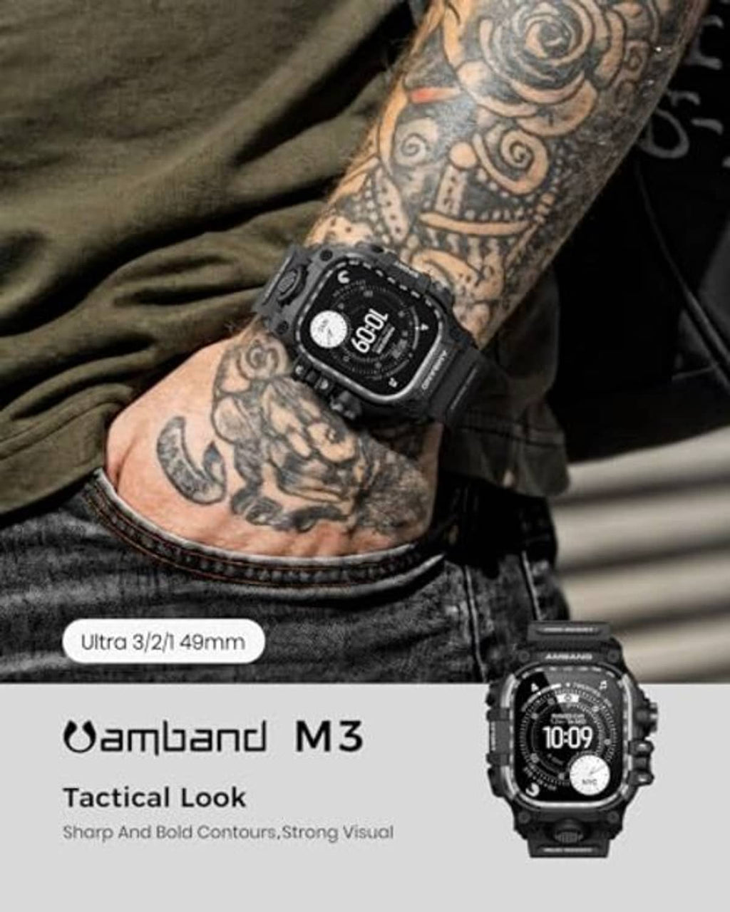 Matte black rugged watch case on wrist with textured band and clasp attachment