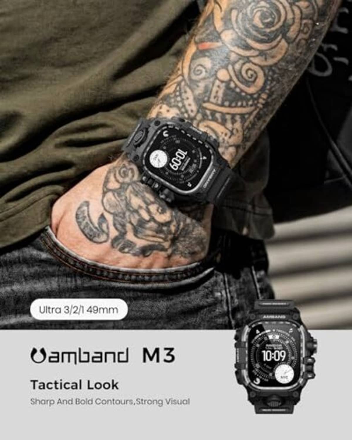 Matte black rugged watch case on wrist with textured band and clasp attachment