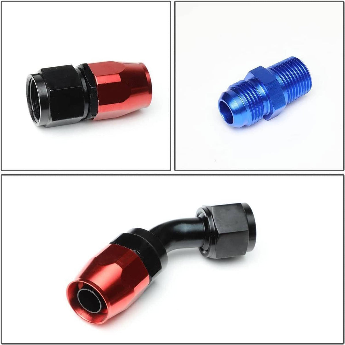 Oil line adapters with red and blue anodized couplers and black connector