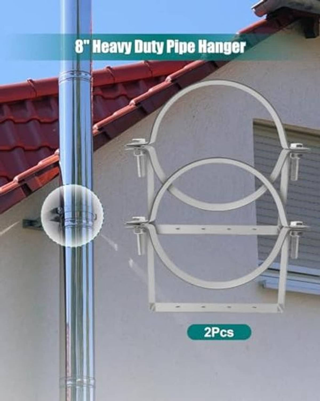 Two white rigid split-ring pipe hangers with wall bracket supporting vent pipe