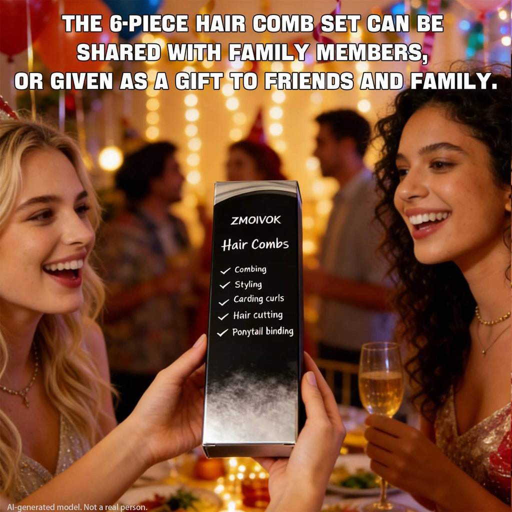 Black box packaging for a 6-piece black hair comb set with comb images