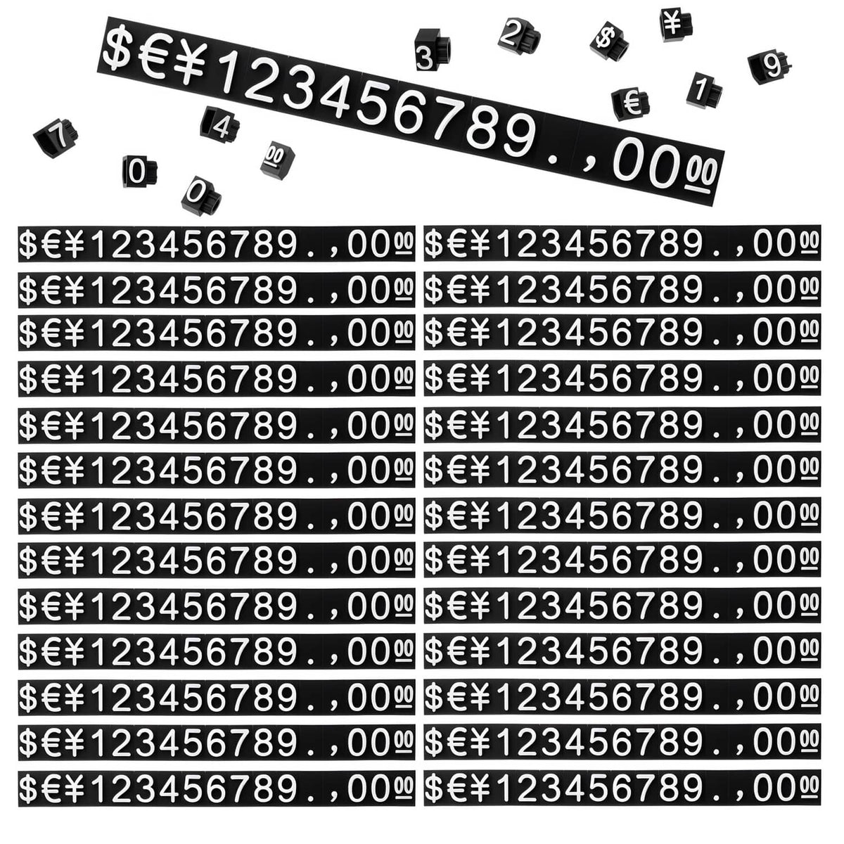 Black price display number and currency tag strip with $€¥ values and 00 amounts