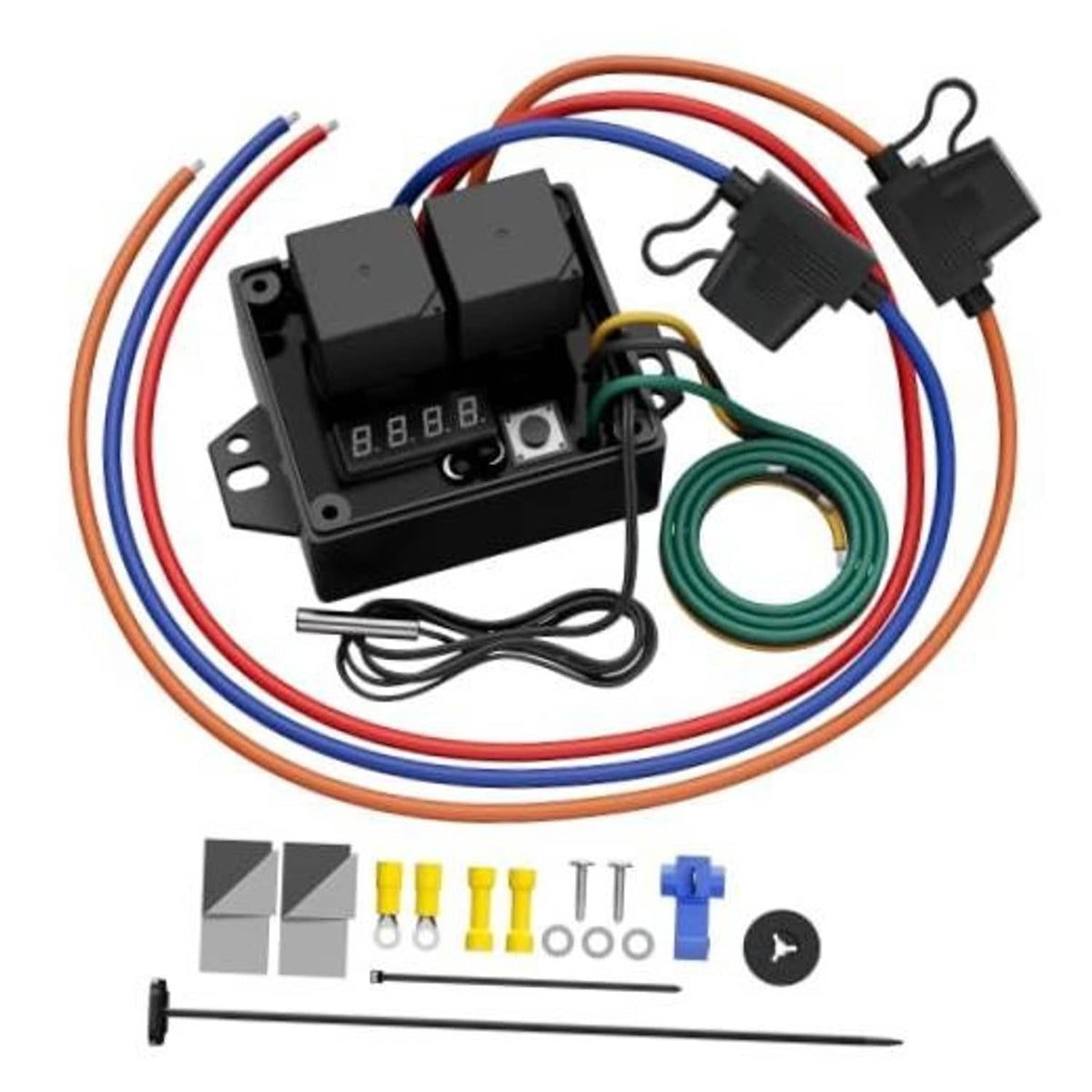 Digital radiator fan controller switch kit with black control module and multi-wire harness