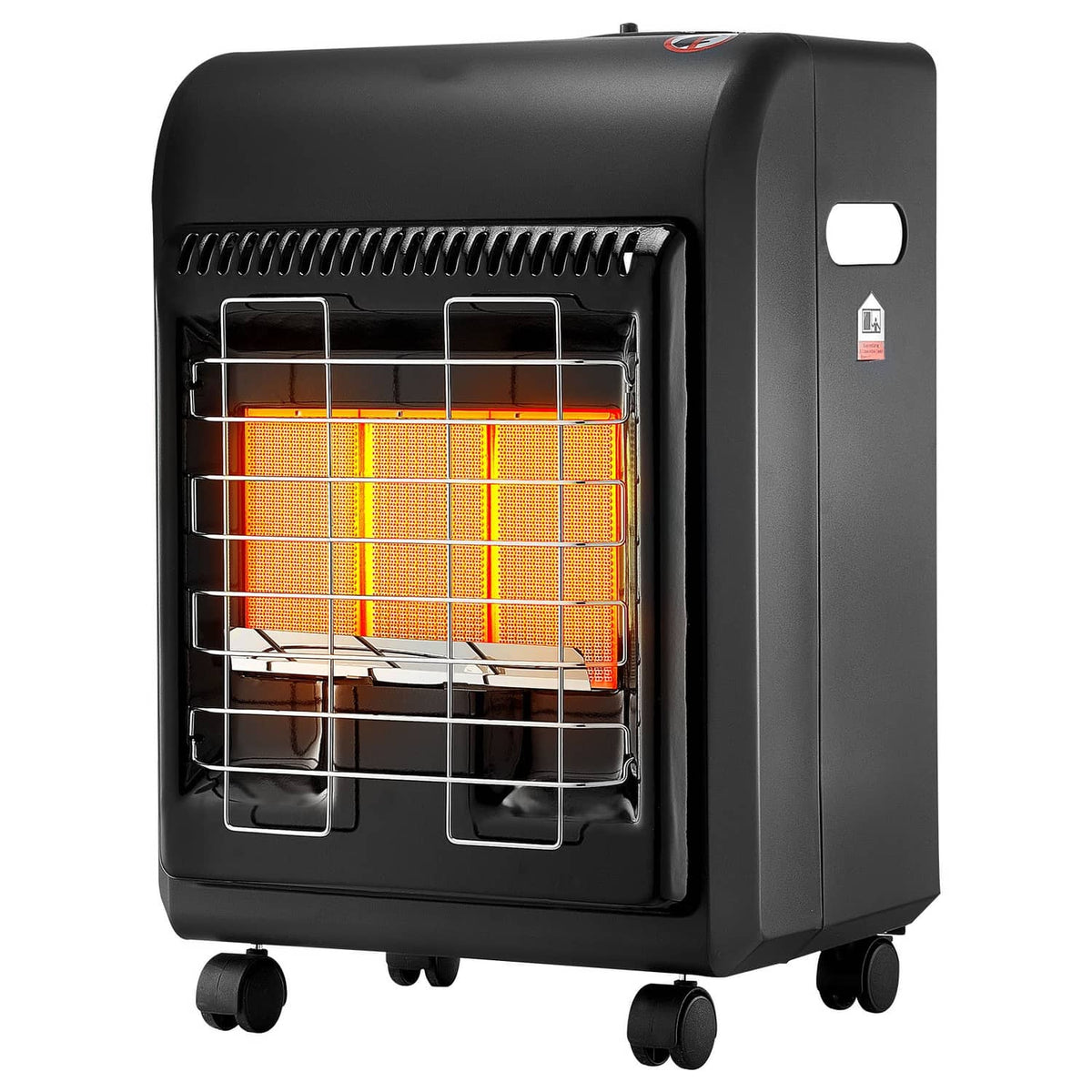 Black propane heater with front grille, glowing heating elements, and rolling wheels