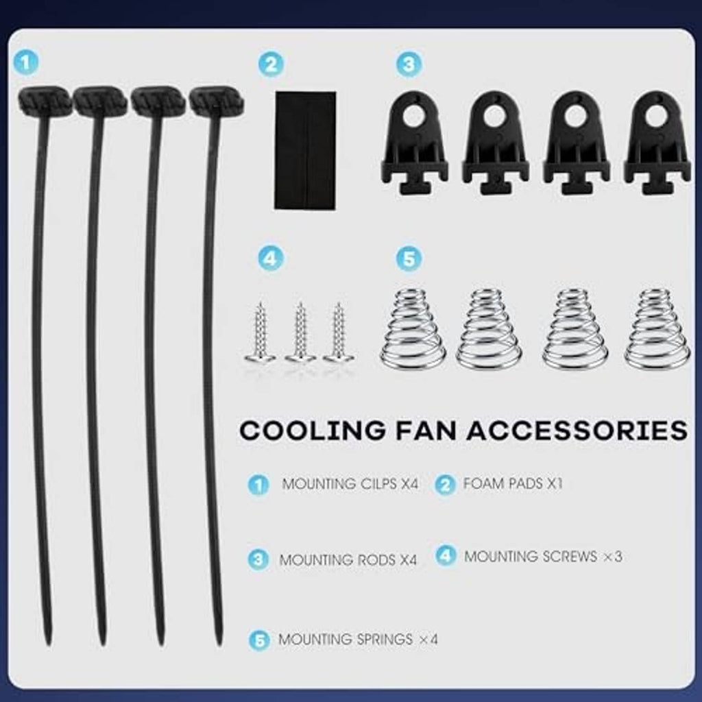 Cooling fan accessories: mounting rods, clips, screws, foam pads, and springs