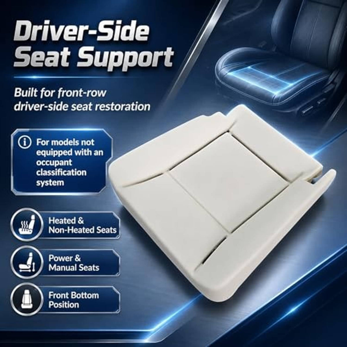 White driver-side front seat bottom foam cushion with black center support panel