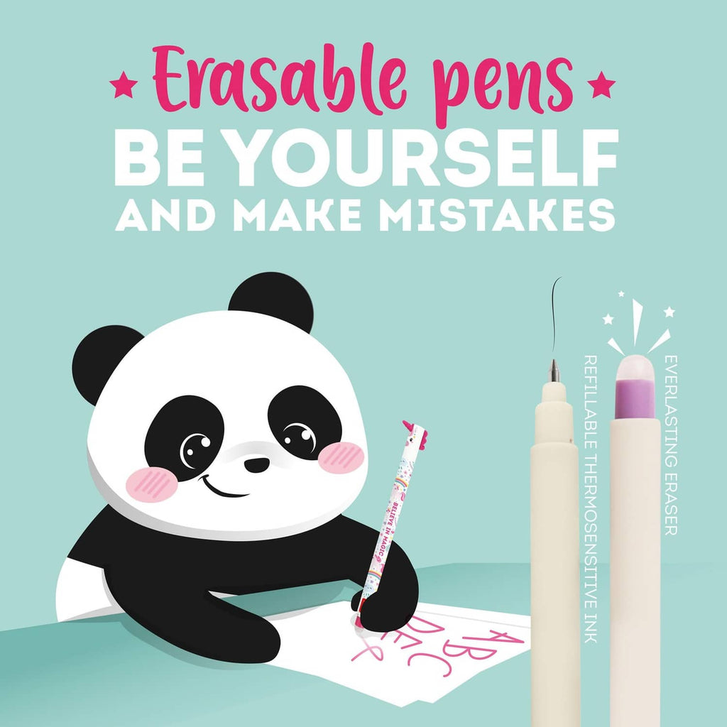 Panda graphic holding a unicorn erasable gel pen for heat-activated ink concept