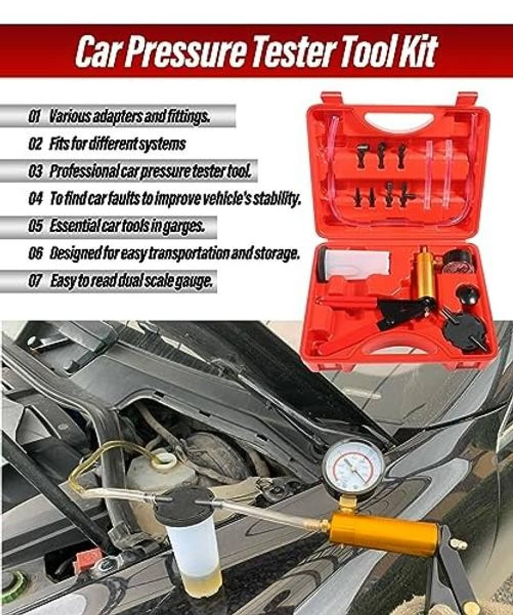 Auto vacuum pump kit with red case and gold vacuum gauge with hoses
