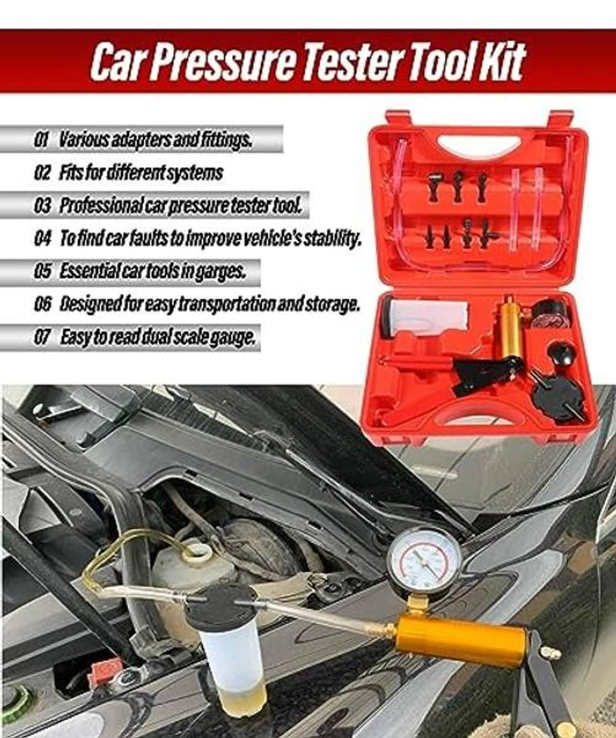 Auto vacuum pump kit with red case and gold vacuum gauge with hoses