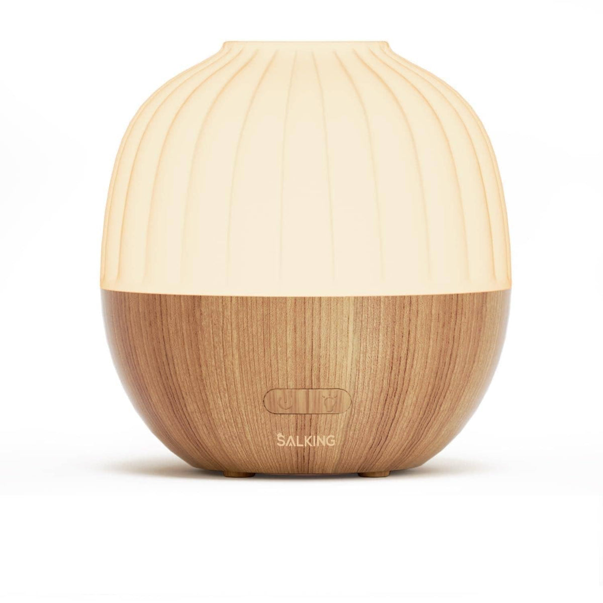 Wood-and-white essential oil diffuser with ribbed dome lid and logo on base