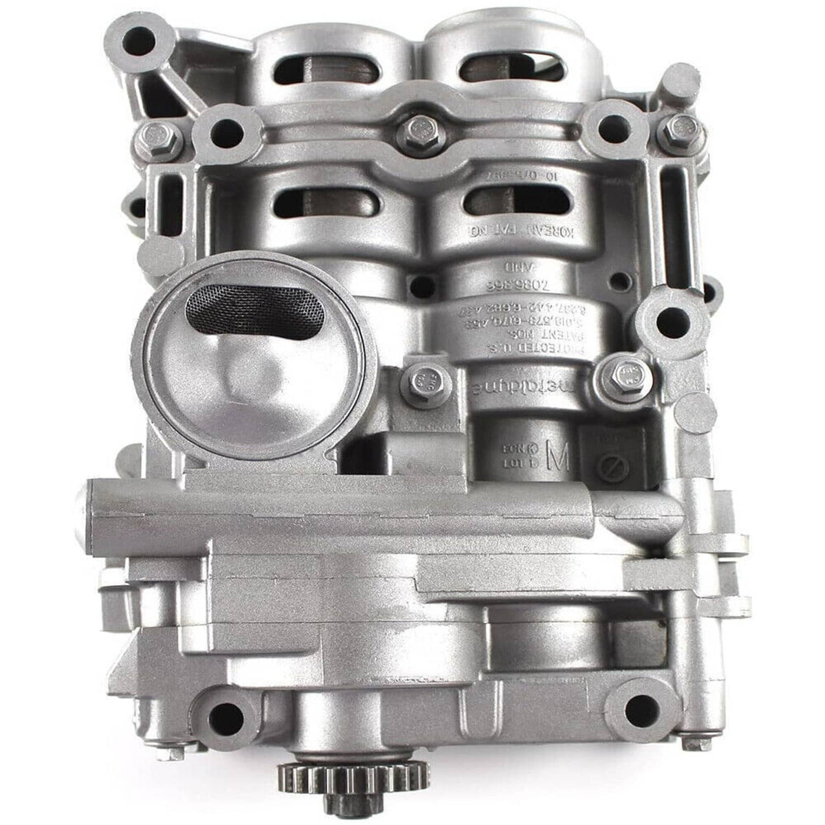 Aluminum shaft balance oil pump, top view of metal body with stamped label