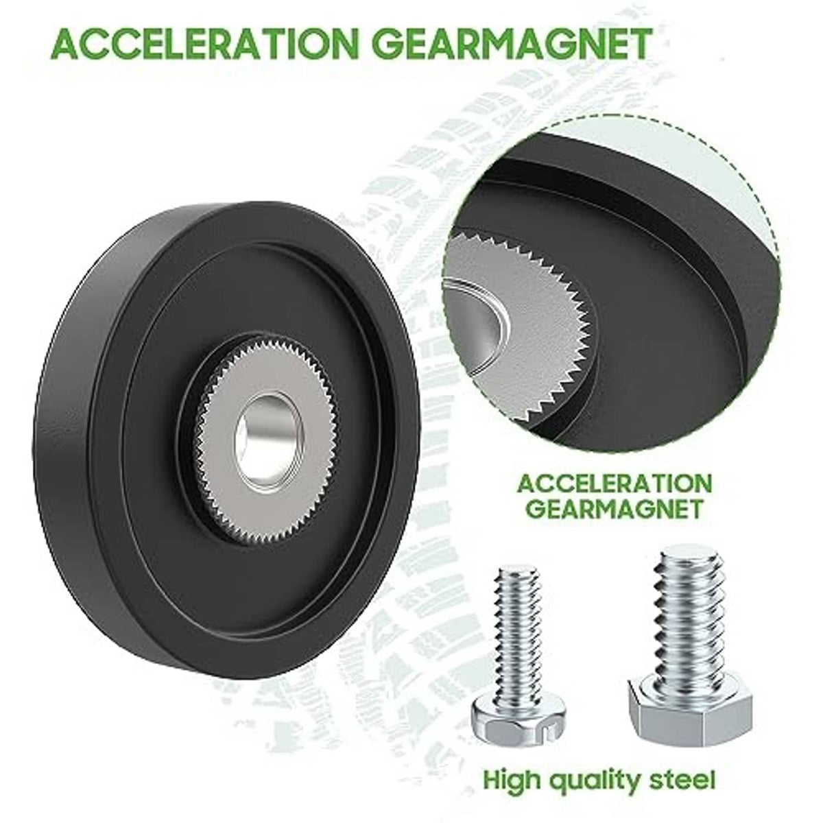 Black speed sensor magnet gear with metal mounting screws labeled acceleration gear magnet