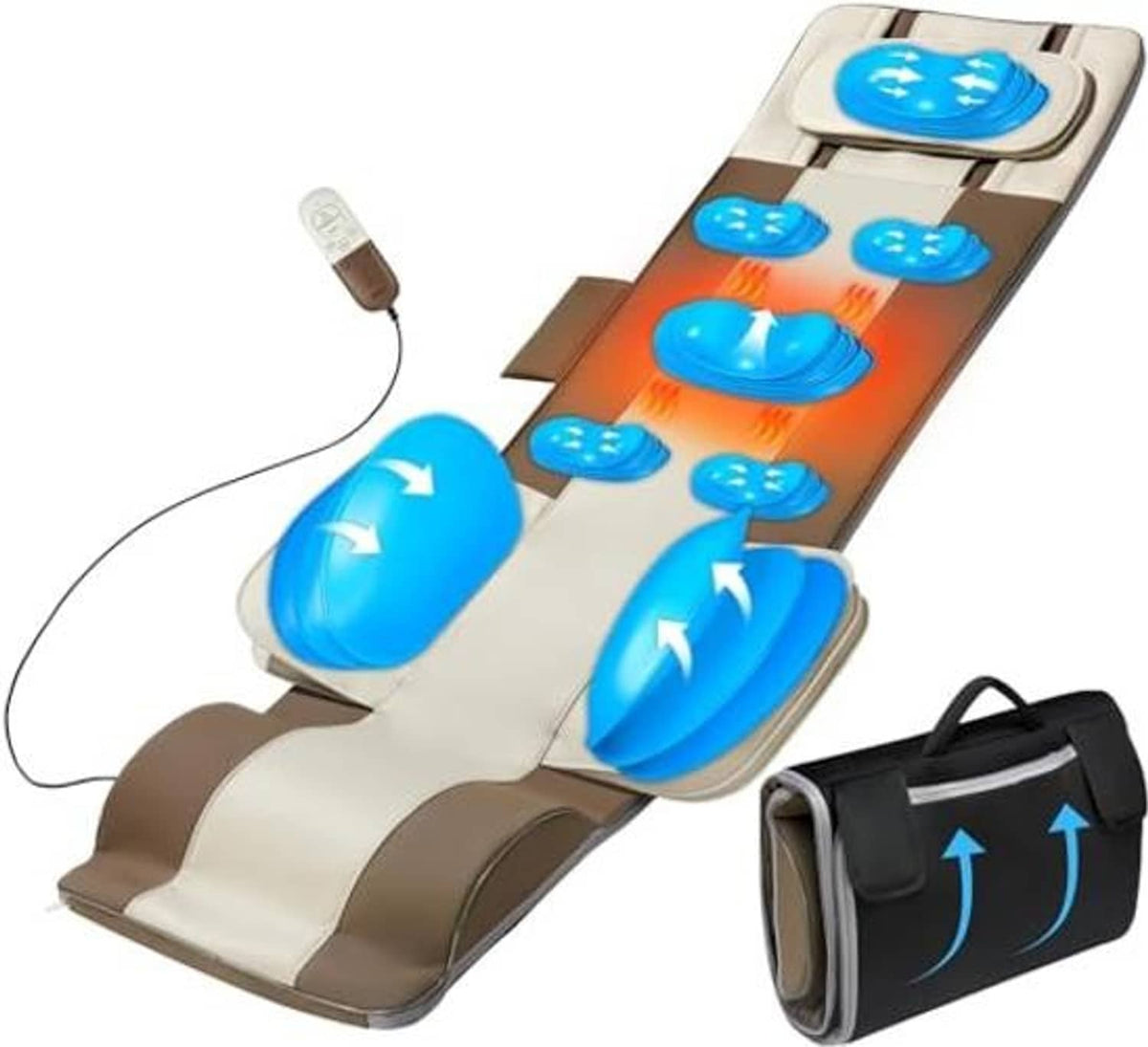 Full-body massage mat with blue airbag cushions and control remote, folded with bag