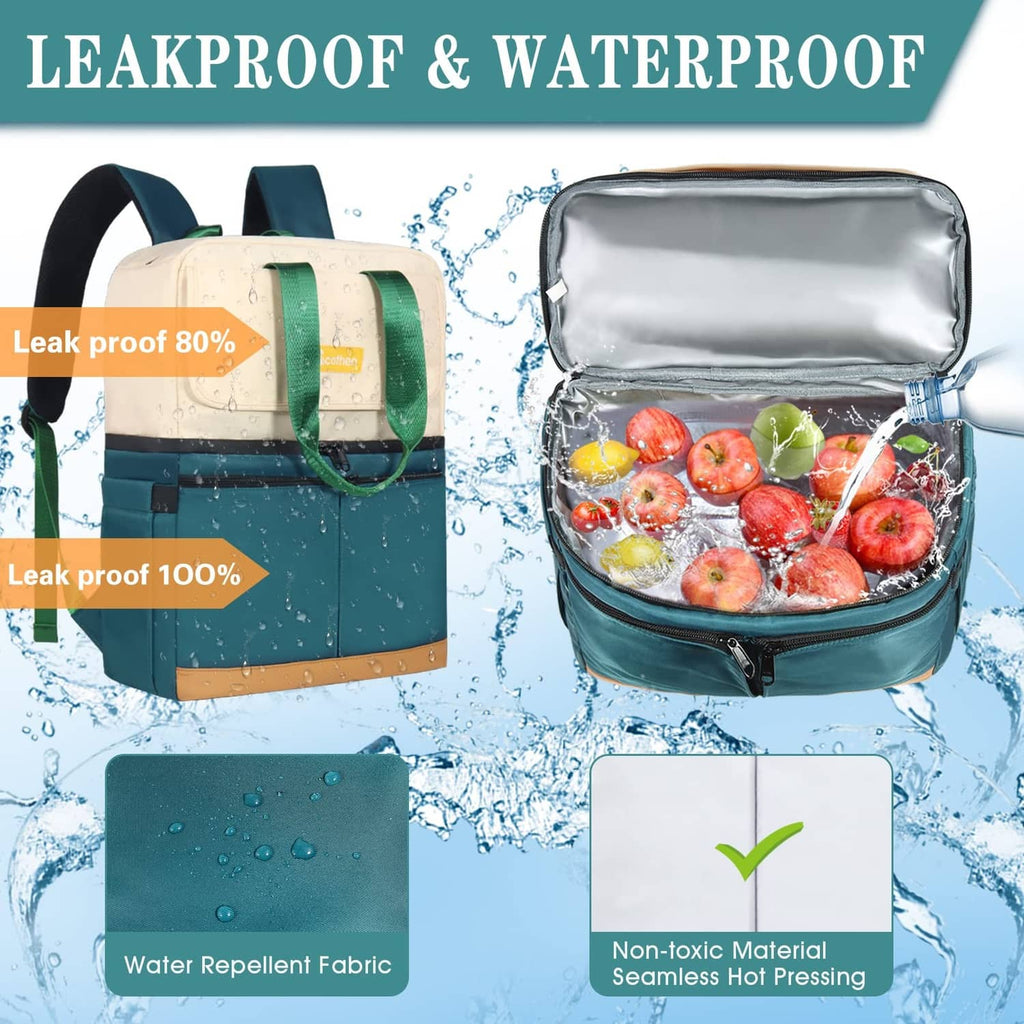 Green cooler backpack with open top showing fruit and sealed interior