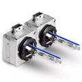 Pair of HID xenon headlight bulbs with silver housings and blue-tipped tubes