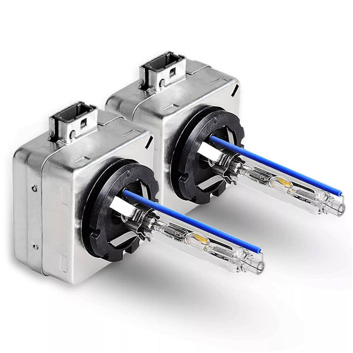 Pair of HID xenon headlight bulbs with silver housings and blue-tipped tubes