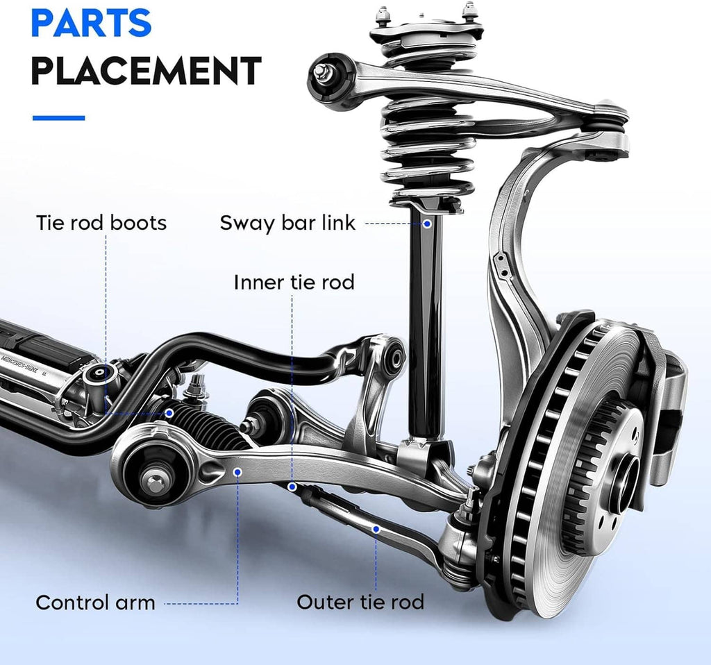 Front suspension parts diagram showing control arm, tie rods, and sway bar link