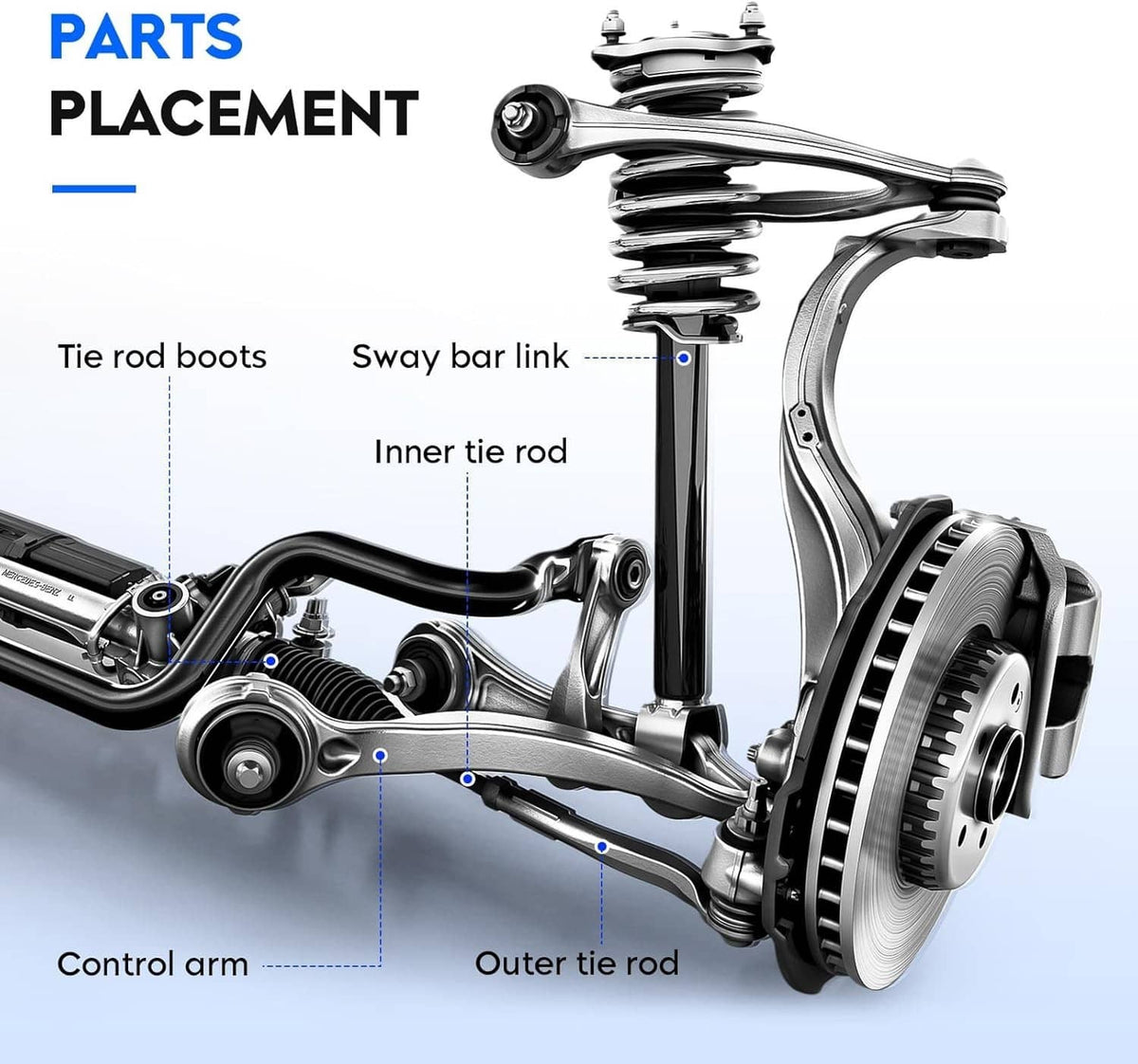 Front suspension parts diagram showing control arm, tie rods, and sway bar link