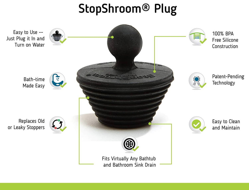 StopShroom Plug packaging showing black stopper and feature callouts