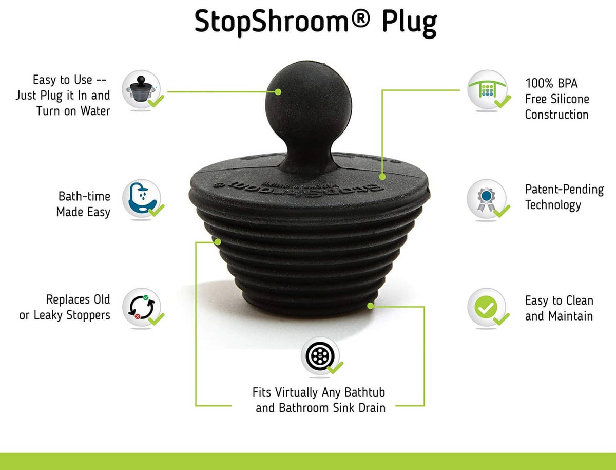 StopShroom Plug packaging showing black stopper and feature callouts