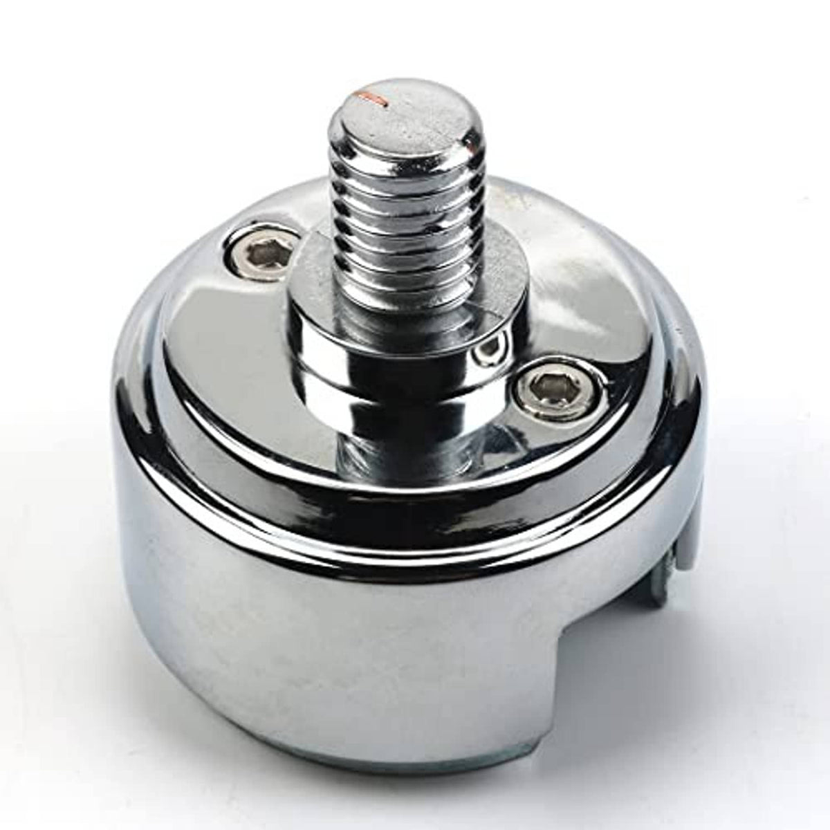 Chrome mounting adapter top view with central threaded stud and side mounting tabs