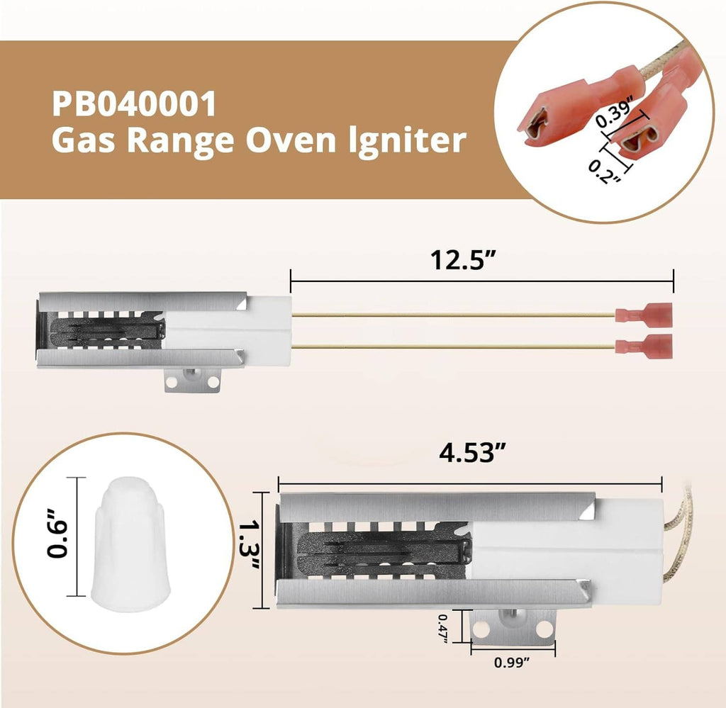 Gas range oven igniter components with two red-ended wire leads and gray metal blocks