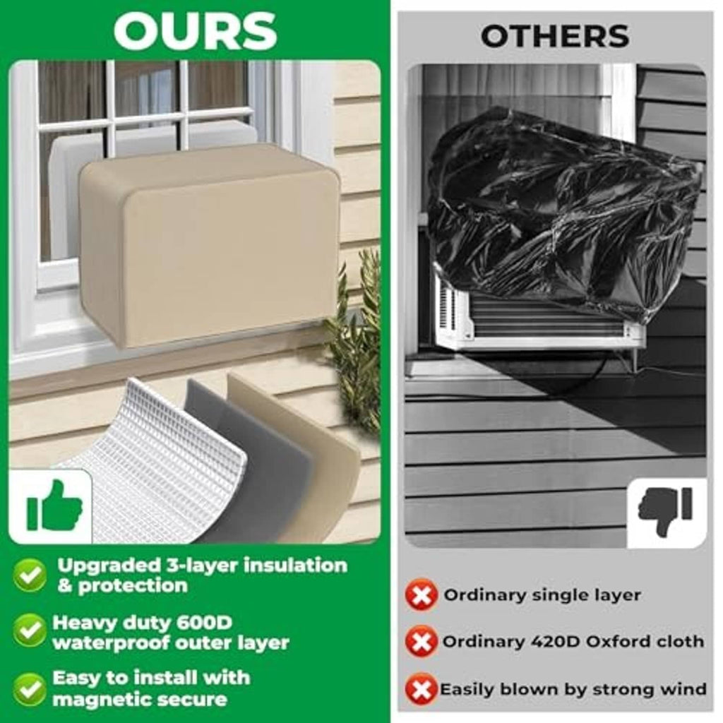 Beige 3-layer window AC cover with reflective inner panel for better insulation.