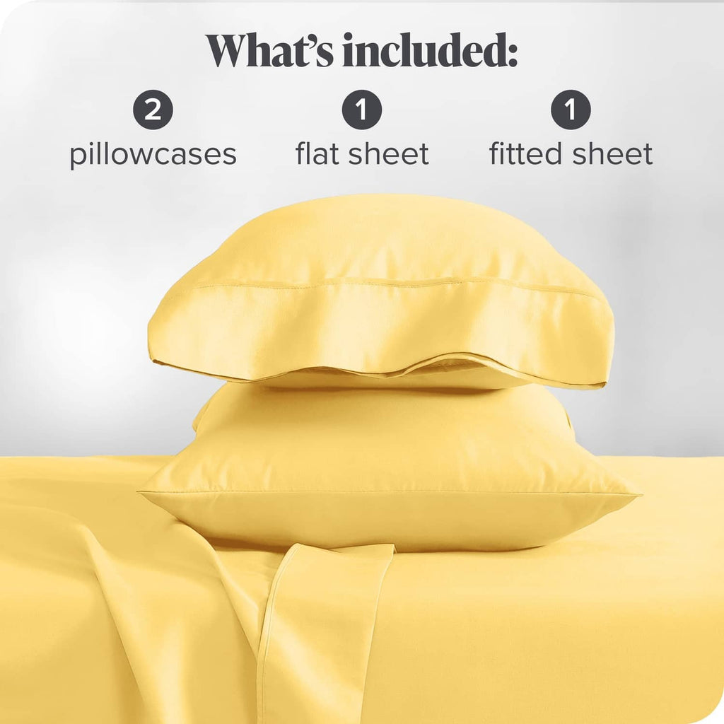 Lemon-yellow microfiber sheet set with 2 pillowcases, fitted sheet, and flat sheet.