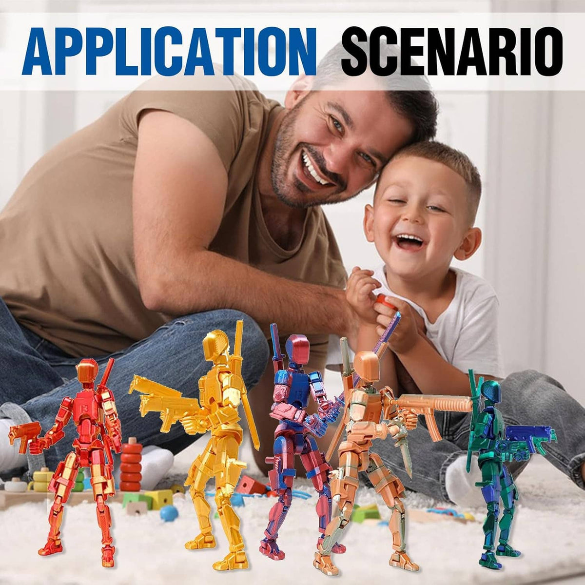 Colorful poseable action figures on the floor during family playtime