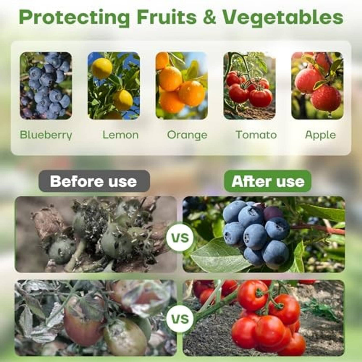 Protective white mesh plant netting graphic with fruit and vegetable icons