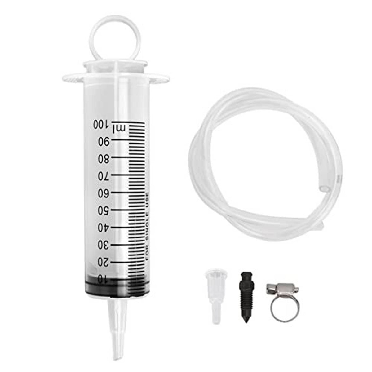 Hydraulic brake bleeder kit with clear measurement syringe, coiled hose, and hose/valve pieces