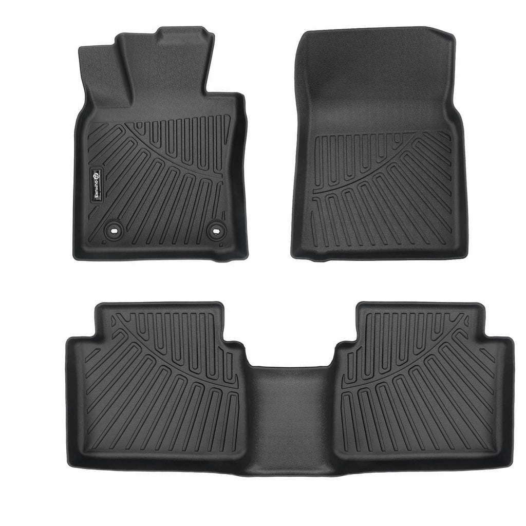 Black floor mats set with molded contours and anti-slip ridged tread surface