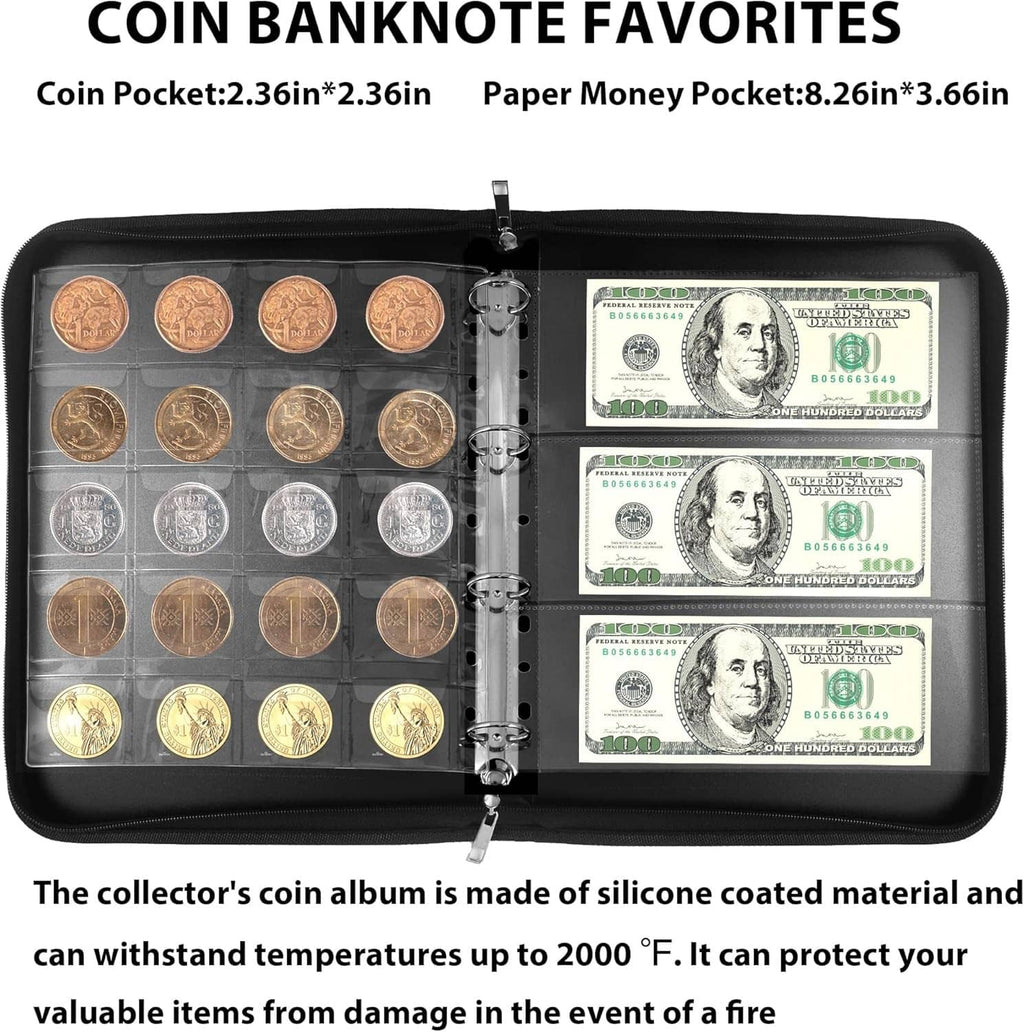 Coin collection album holder open, showing coin pockets and paper money pockets.